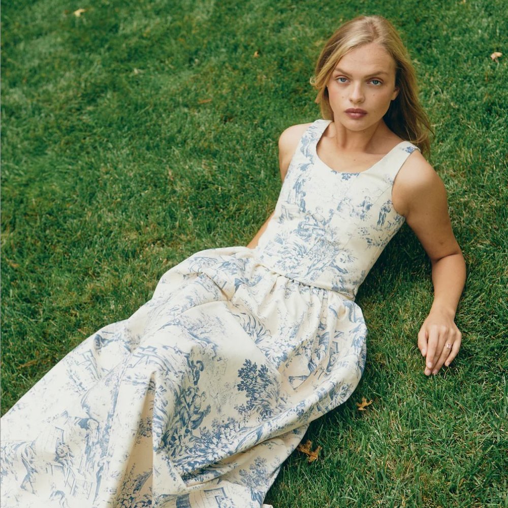 The Brigitte Skirt and Emma Corset in Blue Toile | Louise New York